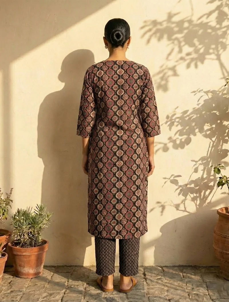 ترو برونز trueBrowns Black Print Embroidered V-Neck Kurta Pant Dupatta Set